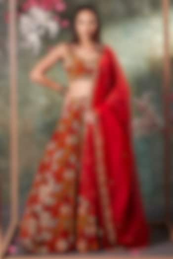 Orange Crepe Floral Printed & Gold Embroidered Wedding Lehenga Set by Mehak Murpana at Pernia's Pop Up Shop
