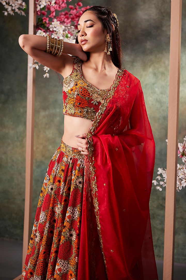 Orange Crepe Floral Printed & Gold Embroidered Wedding Lehenga Set by Mehak Murpana at Pernia's Pop Up Shop