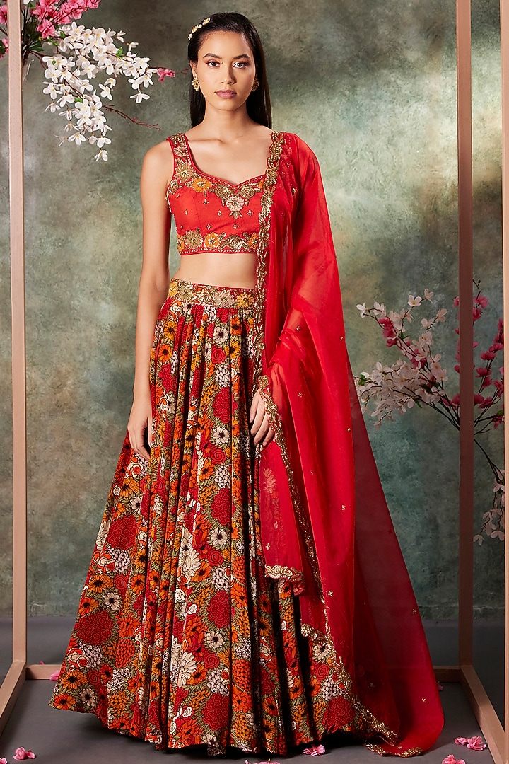 Orange Crepe Floral Printed & Gold Embroidered Wedding Lehenga Set by Mehak Murpana at Pernia's Pop Up Shop