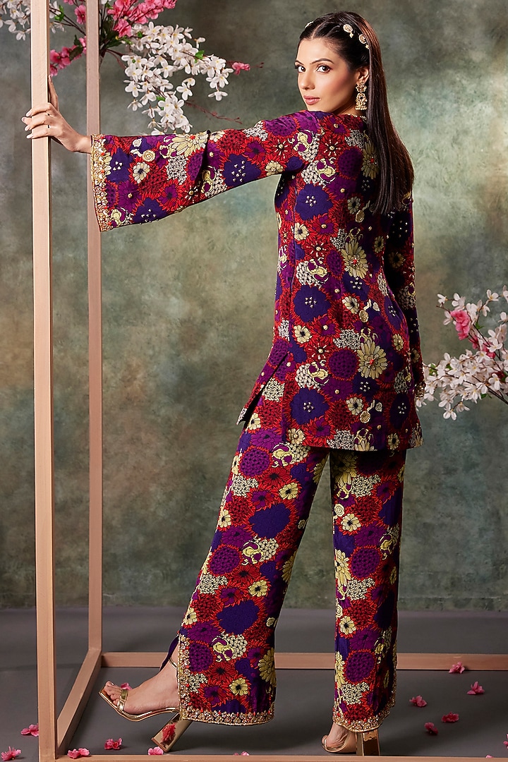 Purple Crepe Floral Printed & Embroidered Kurta Set by Mehak Murpana at Pernia's Pop Up Shop
