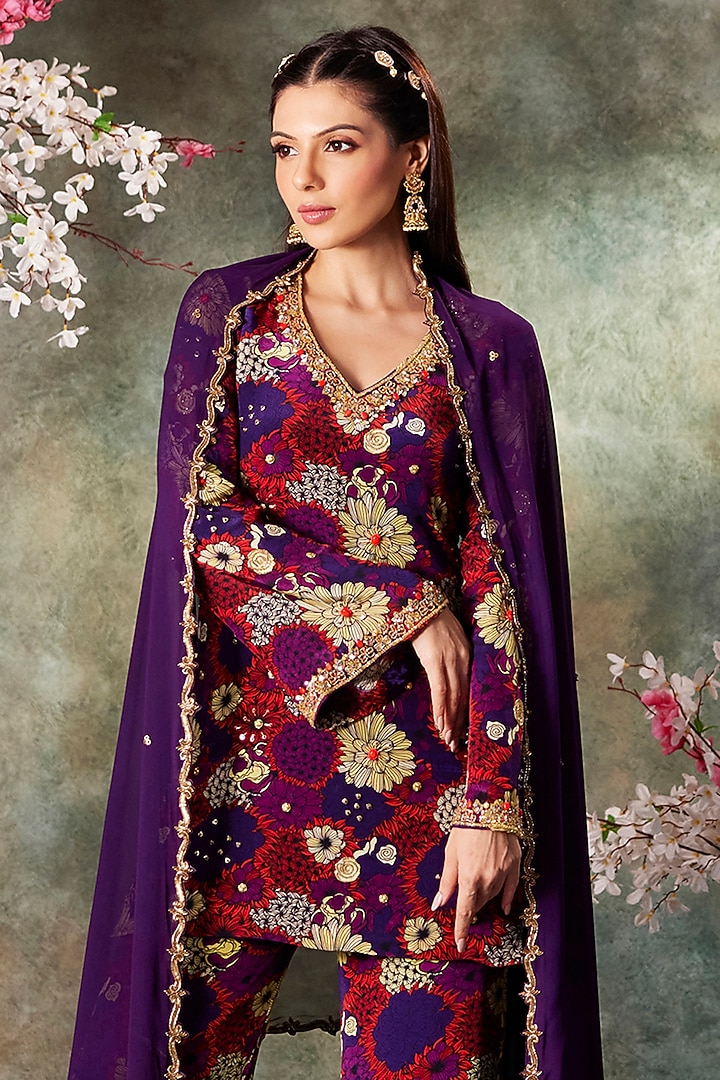 Purple Crepe Printed & Embroidered Kurta Set by Mehak Murpana at Pernia's Pop Up Shop
