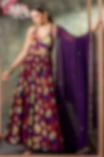 Purple Crepe Floral Printed & Embroidered Wedding Anarkali With Dupatta by Mehak Murpana at Pernia's Pop Up Shop