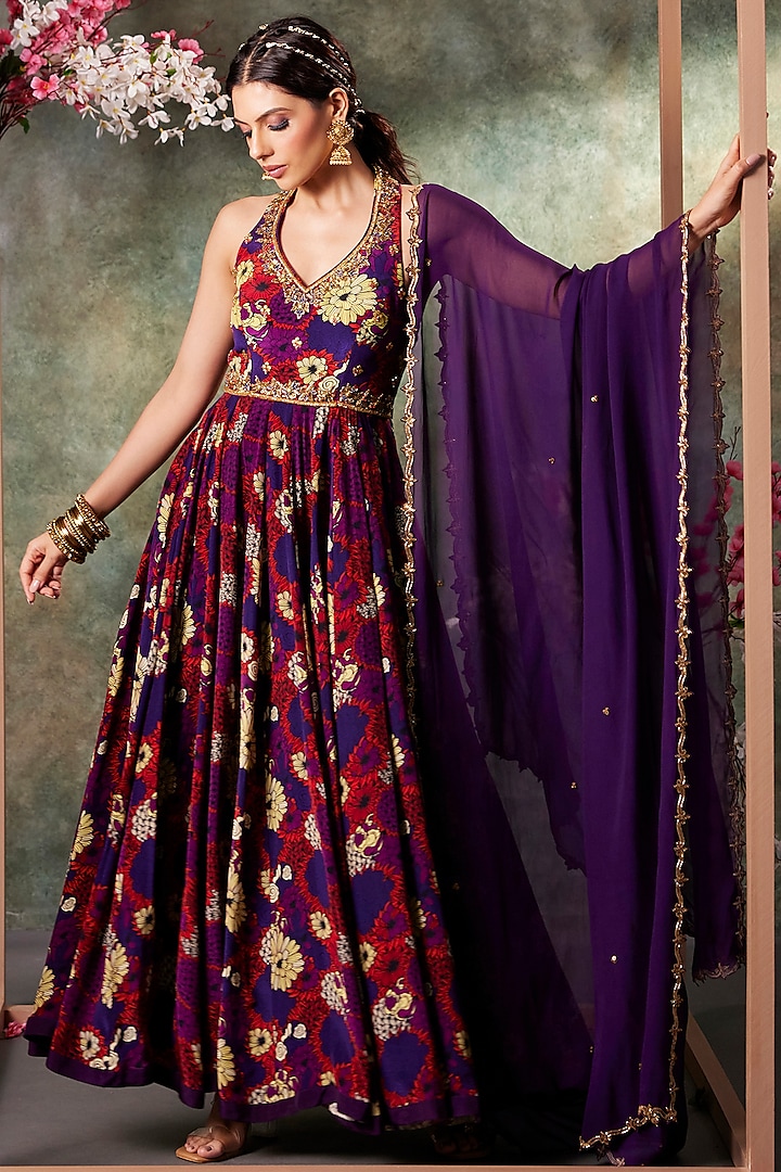 Purple Crepe Floral Printed & Embroidered Wedding Anarkali With Dupatta by Mehak Murpana at Pernia's Pop Up Shop