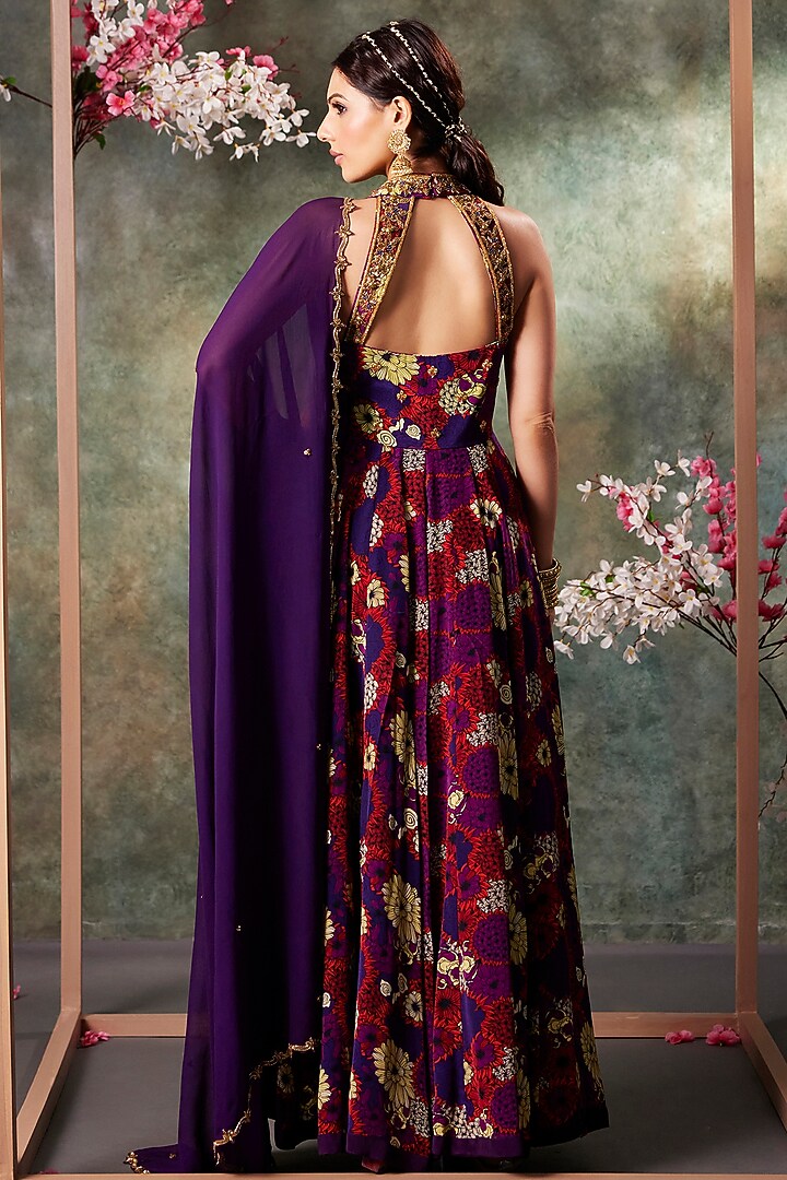 Purple Crepe Floral Printed & Embroidered Wedding Anarkali With Dupatta by Mehak Murpana at Pernia's Pop Up Shop