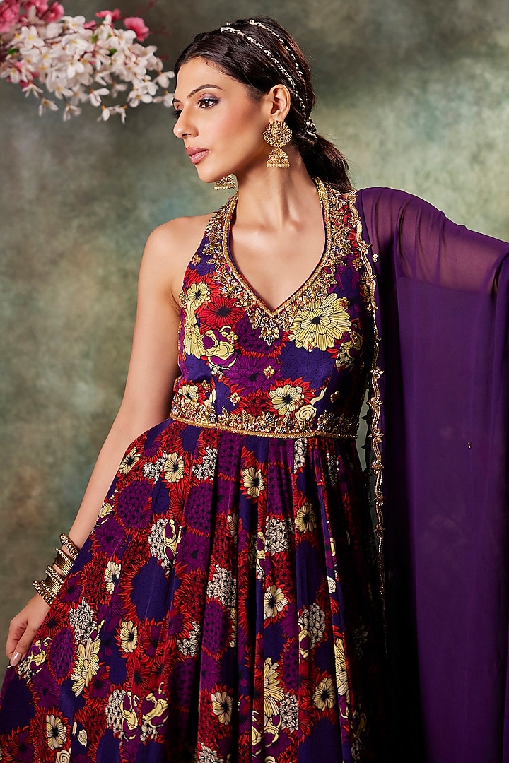 Purple Crepe Floral Printed & Embroidered Wedding Anarkali With Dupatta by Mehak Murpana at Pernia's Pop Up Shop