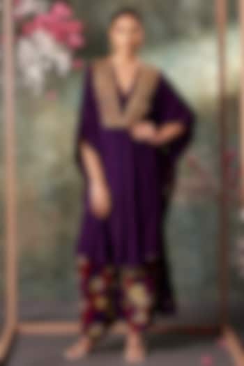 Purple Crepe Printed & Embroidered Kaftan Set by Mehak Murpana at Pernia's Pop Up Shop