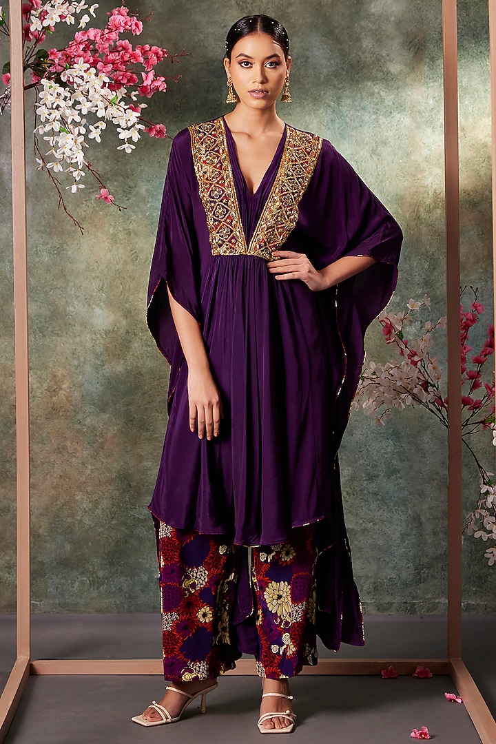 Purple Crepe Printed & Embroidered Kaftan Set by Mehak Murpana at Pernia's Pop Up Shop