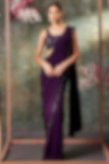 Purple Crepe Embroidered Pre-Draped Wedding Saree Set by Mehak Murpana at Pernia's Pop Up Shop