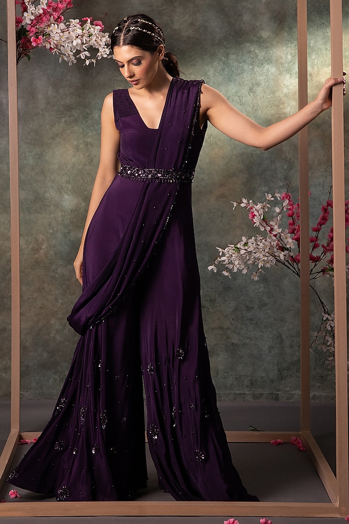 Purple Crepe Floral Motifs Embroidered Pre-Draped Jumpsuit With Belt by Mehak Murpana at Pernia's Pop Up Shop