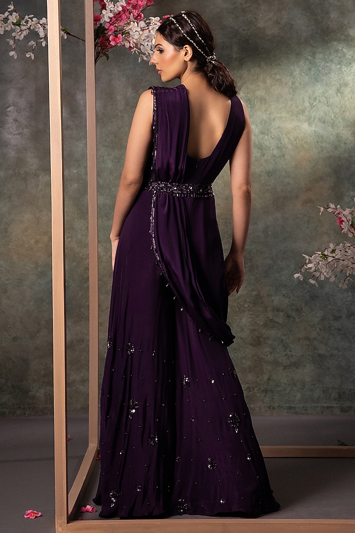 Purple Crepe Floral Motifs Embroidered Pre-Draped Jumpsuit With Belt by Mehak Murpana at Pernia's Pop Up Shop
