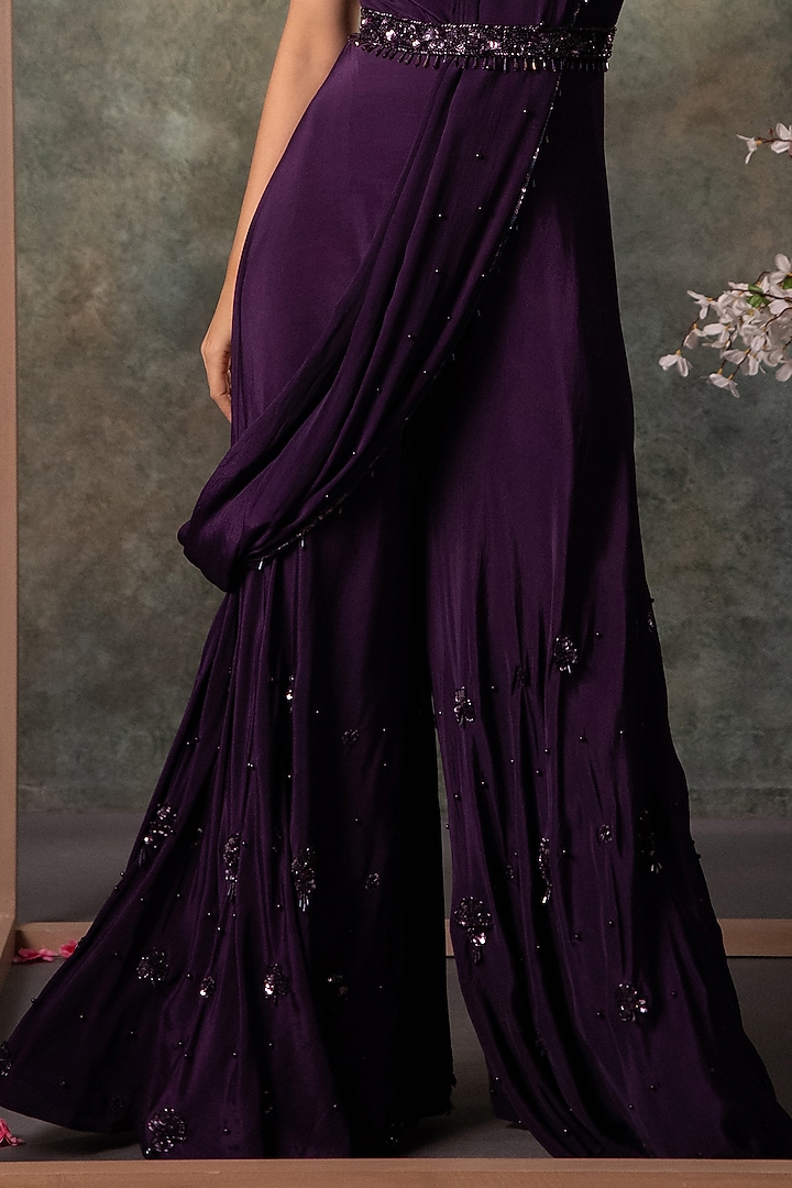 Purple Crepe Floral Motifs Embroidered Pre-Draped Jumpsuit With Belt by Mehak Murpana at Pernia's Pop Up Shop