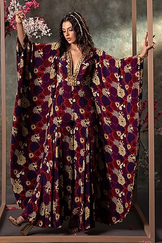 Purple Crepe Printed & Gold Embroidered Jumpsuit by Mehak Murpana