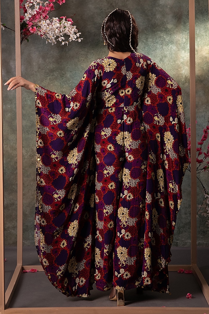 Purple Crepe Printed & Gold Embroidered Jumpsuit by Mehak Murpana at Pernia's Pop Up Shop
