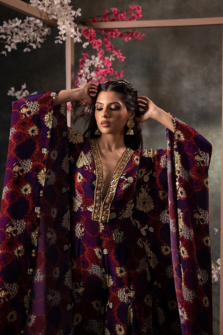 Purple Crepe Printed & Gold Embroidered Jumpsuit by Mehak Murpana at Pernia's Pop Up Shop