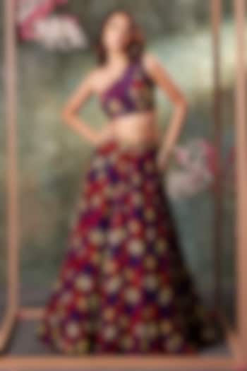 Purple Crepe Printed & Embroidered Wedding Lehenga Set by Mehak Murpana at Pernia's Pop Up Shop
