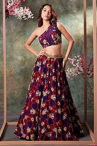 Purple Crepe Printed & Embroidered Lehenga Set by Mehak Murpana