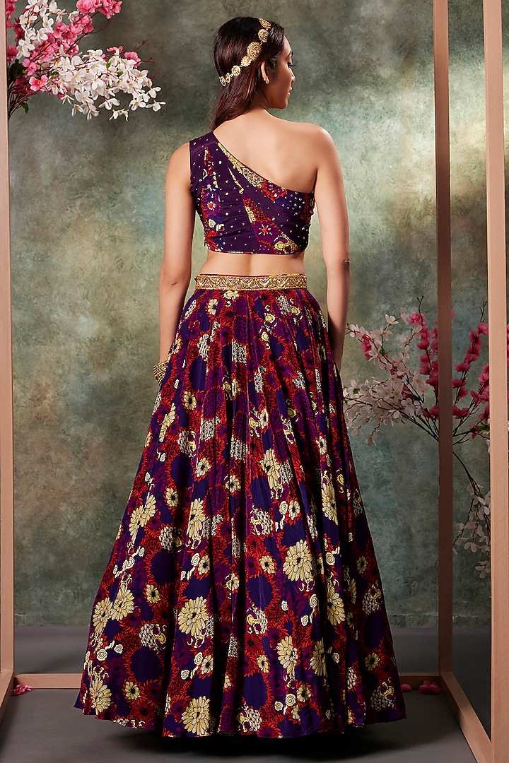 Purple Crepe Printed & Embroidered Wedding Lehenga Set by Mehak Murpana at Pernia's Pop Up Shop