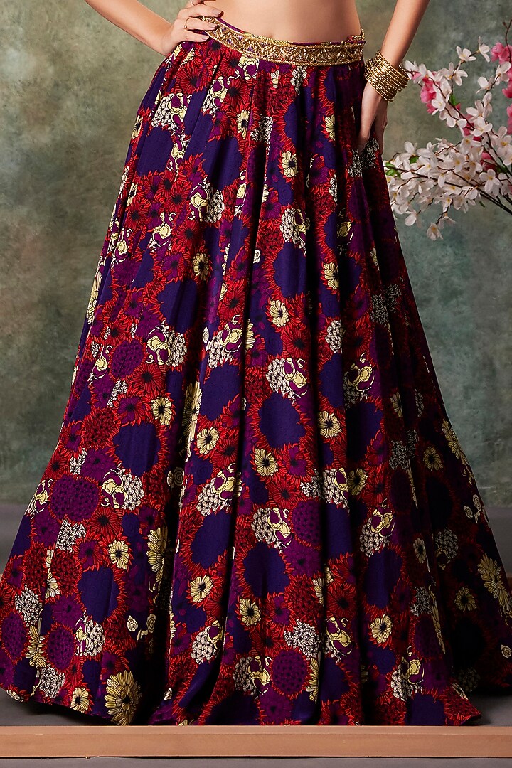 Purple Crepe Printed & Embroidered Wedding Lehenga Set by Mehak Murpana at Pernia's Pop Up Shop