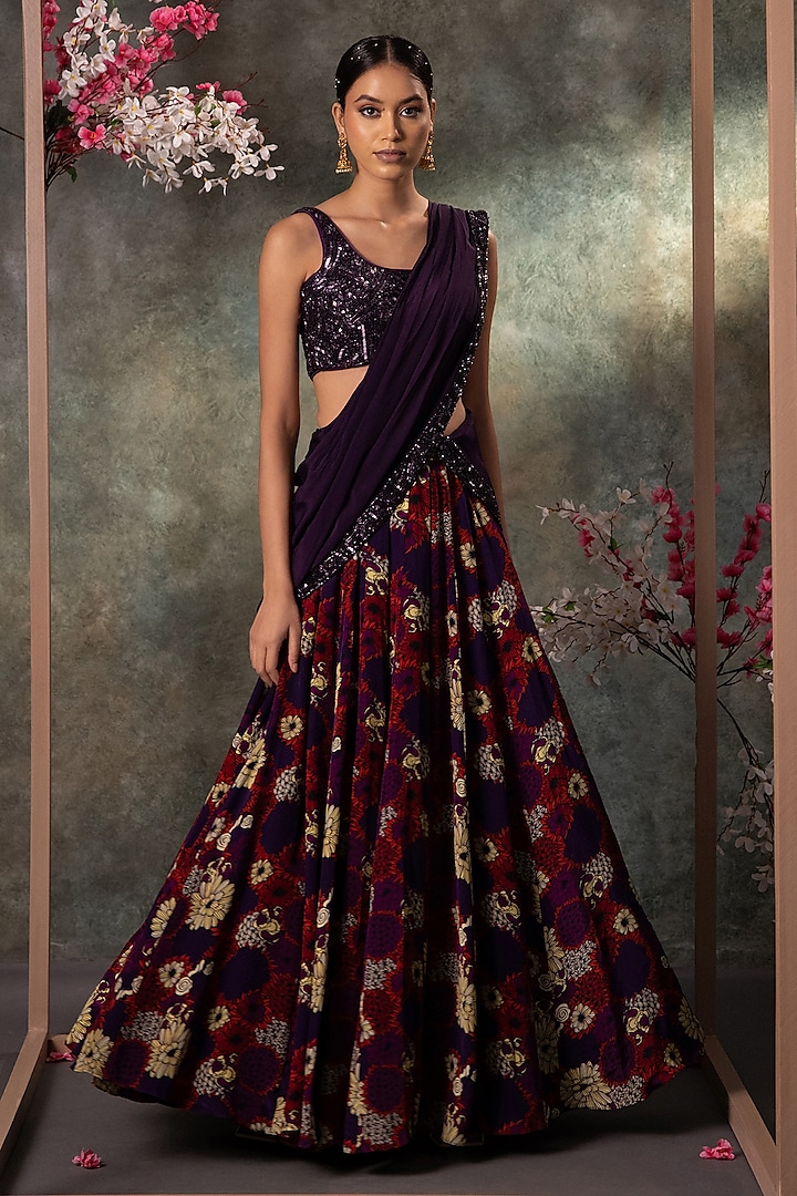 Purple Crepe Printed & Embroidered Wedding Lehenga Set by Mehak Murpana at Pernia's Pop Up Shop