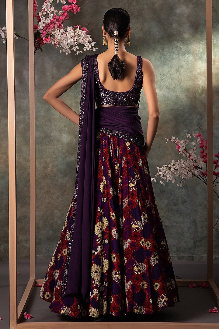 Purple Crepe Printed & Embroidered Wedding Lehenga Set by Mehak Murpana at Pernia's Pop Up Shop