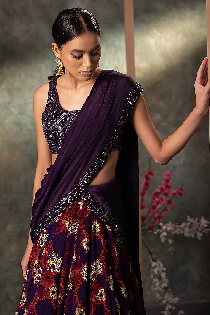 Purple Crepe Printed & Embroidered Wedding Lehenga Set by Mehak Murpana at Pernia's Pop Up Shop