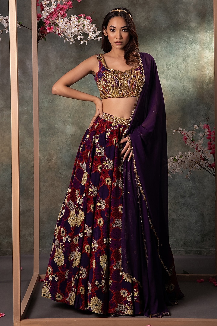 Purple Crepe Printed & Embroidered Wedding Lehenga Set by Mehak Murpana at Pernia's Pop Up Shop