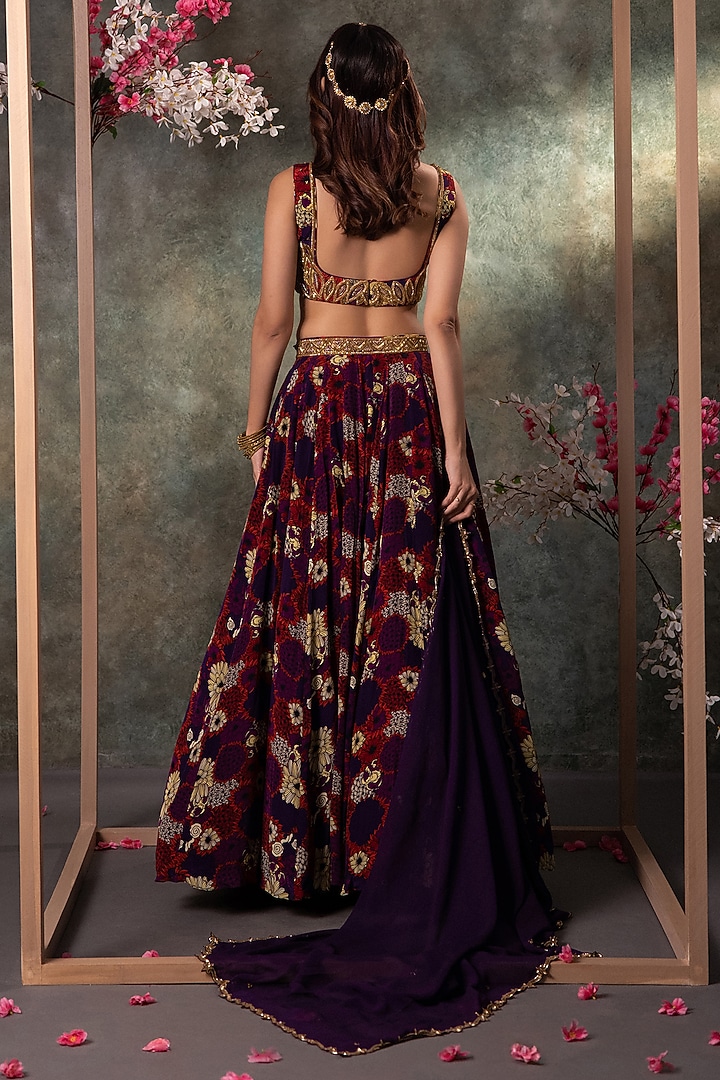 Purple Crepe Printed & Embroidered Wedding Lehenga Set by Mehak Murpana at Pernia's Pop Up Shop