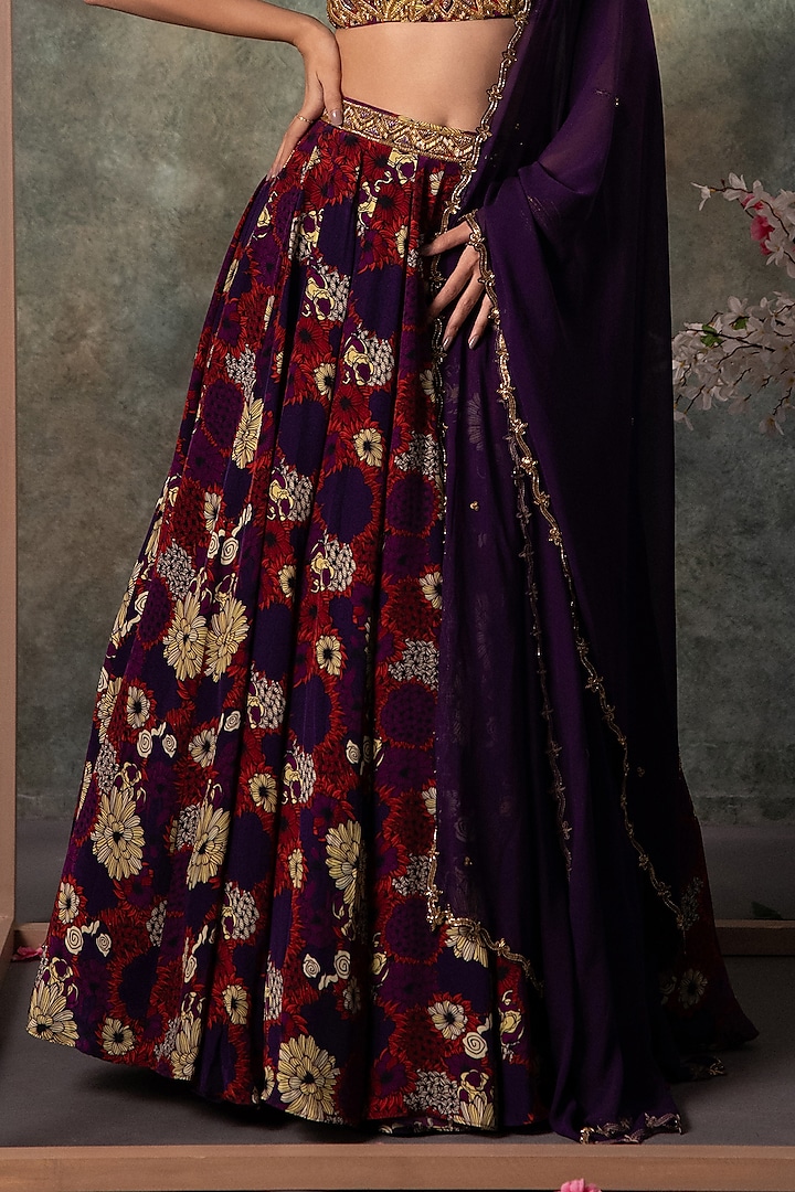 Purple Crepe Printed & Embroidered Wedding Lehenga Set by Mehak Murpana at Pernia's Pop Up Shop