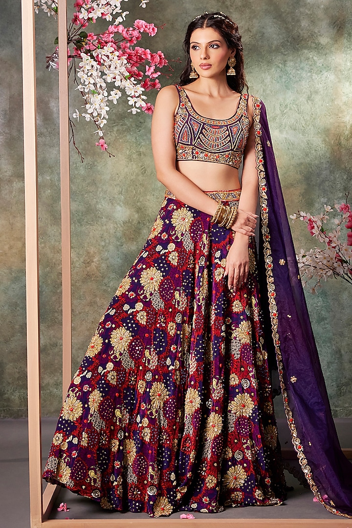 Purple Crepe Floral Printed & Embroidered Wedding Lehenga Set by Mehak Murpana at Pernia's Pop Up Shop