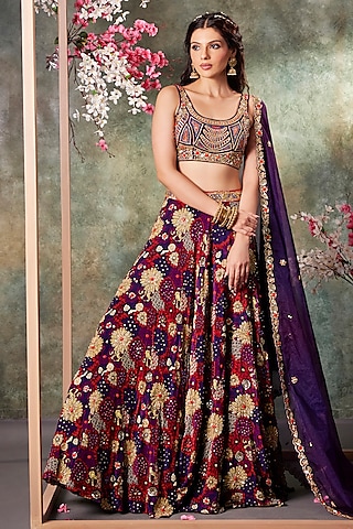 Purple Crepe Floral Printed & Embroidered Lehenga Set by Mehak Murpana