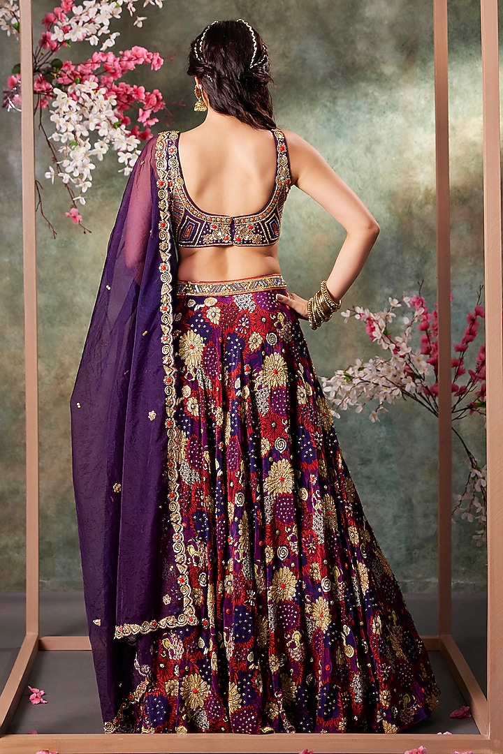 Purple Crepe Floral Printed & Embroidered Wedding Lehenga Set by Mehak Murpana at Pernia's Pop Up Shop