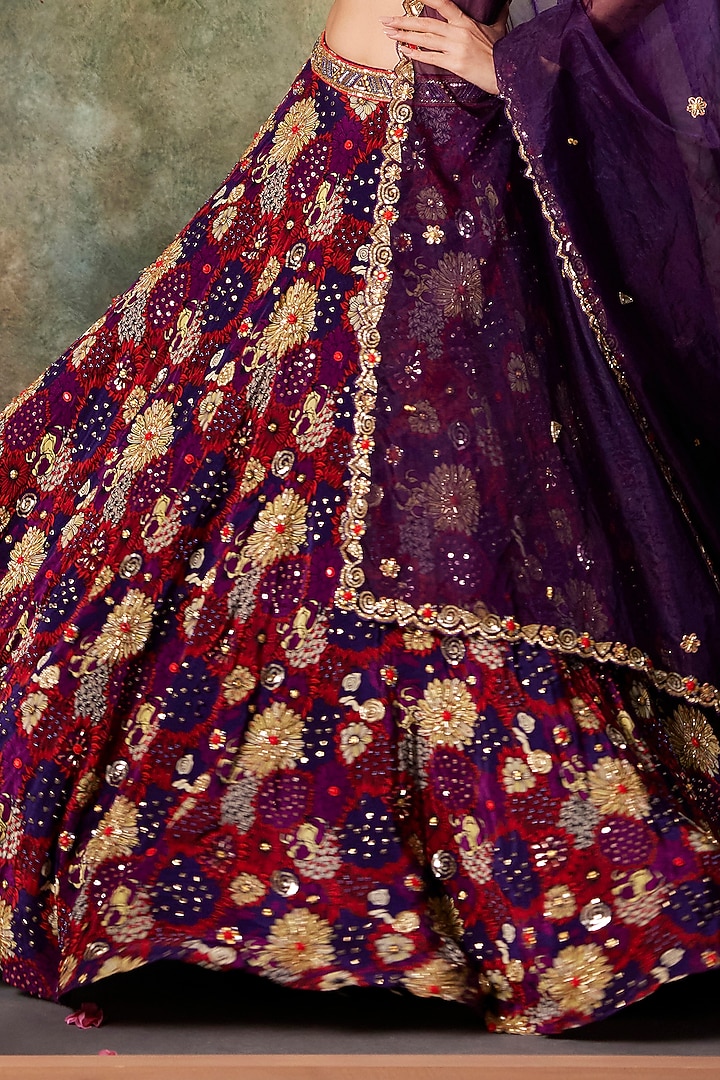 Purple Crepe Floral Printed & Embroidered Wedding Lehenga Set by Mehak Murpana at Pernia's Pop Up Shop