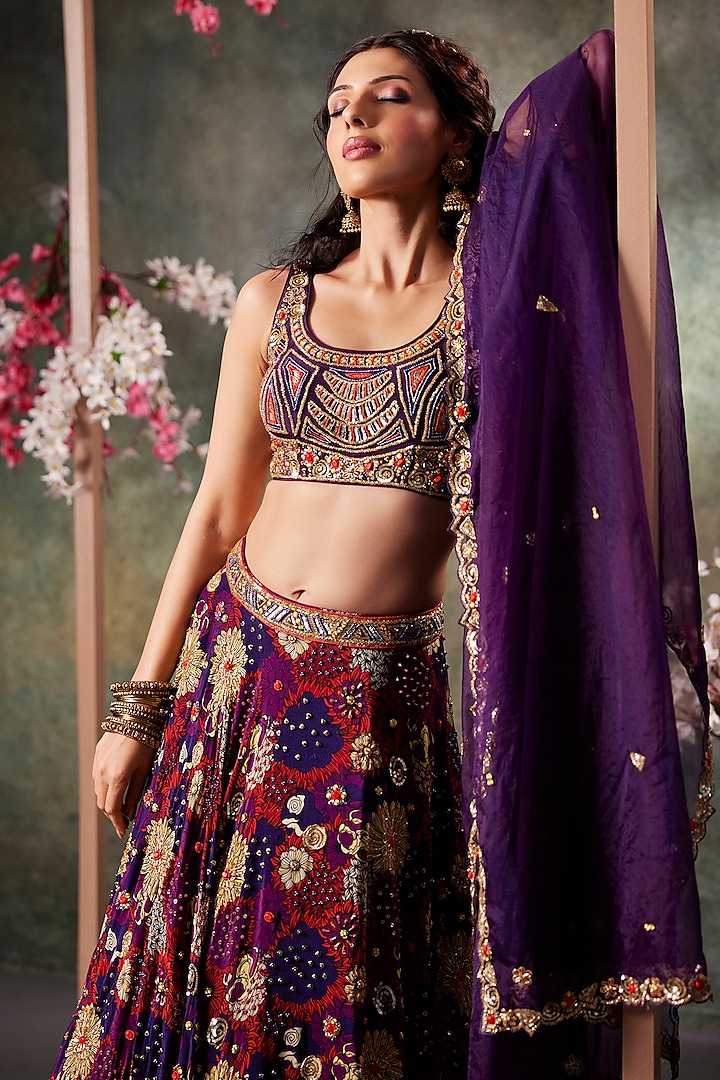 Purple Crepe Floral Printed & Embroidered Wedding Lehenga Set by Mehak Murpana at Pernia's Pop Up Shop