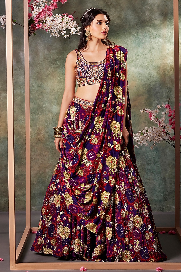 Purple Crepe Floral Printed & Hand Embroidered Wedding Lehenga Set by Mehak Murpana at Pernia's Pop Up Shop