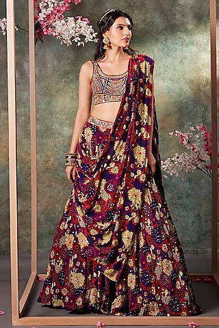 Purple Crepe Floral Printed & Hand Embroidered Lehenga Set by Mehak Murpana