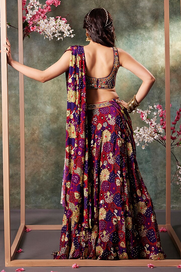 Purple Crepe Floral Printed & Hand Embroidered Wedding Lehenga Set by Mehak Murpana at Pernia's Pop Up Shop