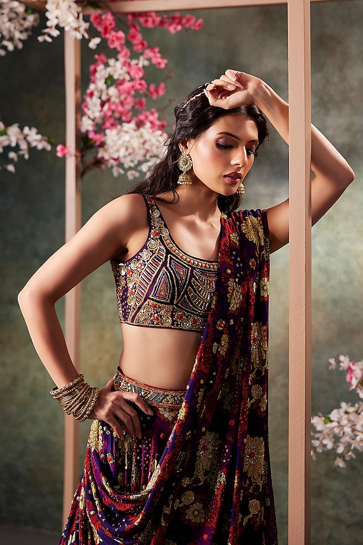 Purple Crepe Floral Printed & Hand Embroidered Wedding Lehenga Set by Mehak Murpana at Pernia's Pop Up Shop