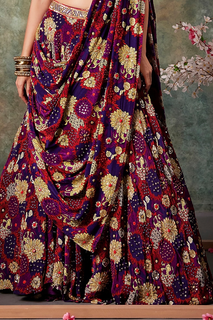 Purple Crepe Floral Printed & Hand Embroidered Wedding Lehenga Set by Mehak Murpana at Pernia's Pop Up Shop