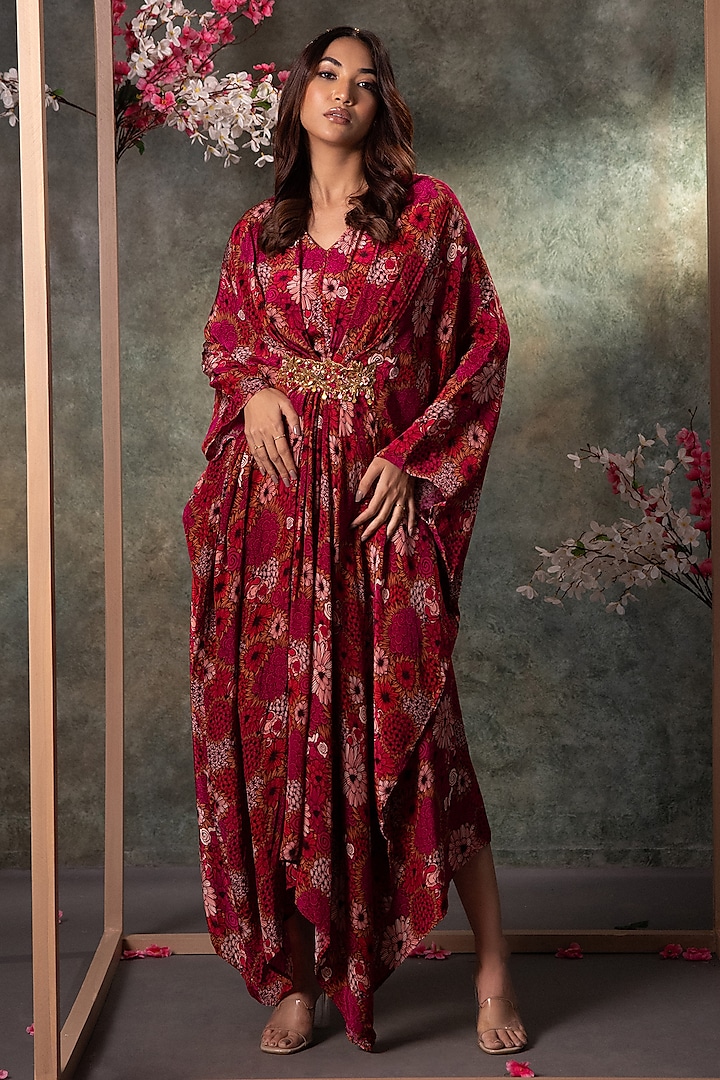 Pink Crepe Floral Printed & Embroidered Kaftan by Mehak Murpana at Pernia's Pop Up Shop