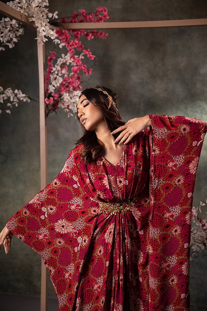 Pink Crepe Floral Printed & Embroidered Kaftan by Mehak Murpana at Pernia's Pop Up Shop