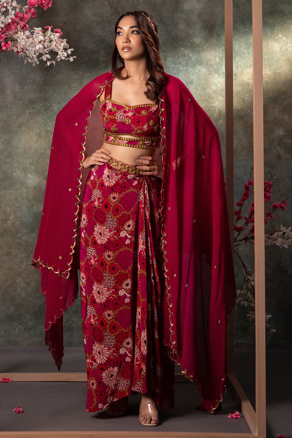 Pink Crepe Printed & Embroidered Draped Skirt Set by Mehak Murpana at Pernia's Pop Up Shop