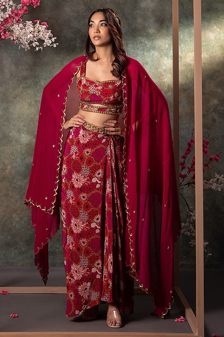 Pink Crepe Printed & Embroidered Draped Skirt Set by Mehak Murpana at Pernia's Pop Up Shop