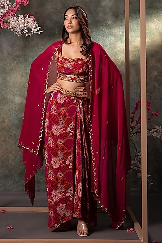 Pink Crepe Printed & Embroidered Draped Skirt Set by Mehak Murpana