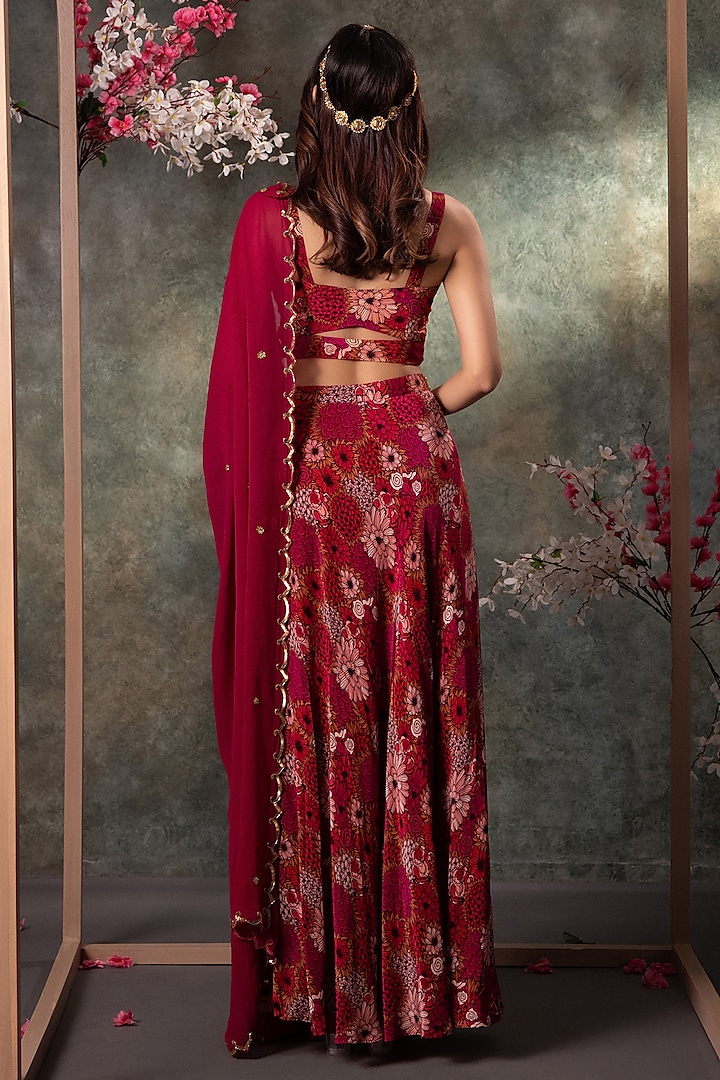 Pink Crepe Printed & Embroidered Draped Skirt Set by Mehak Murpana at Pernia's Pop Up Shop
