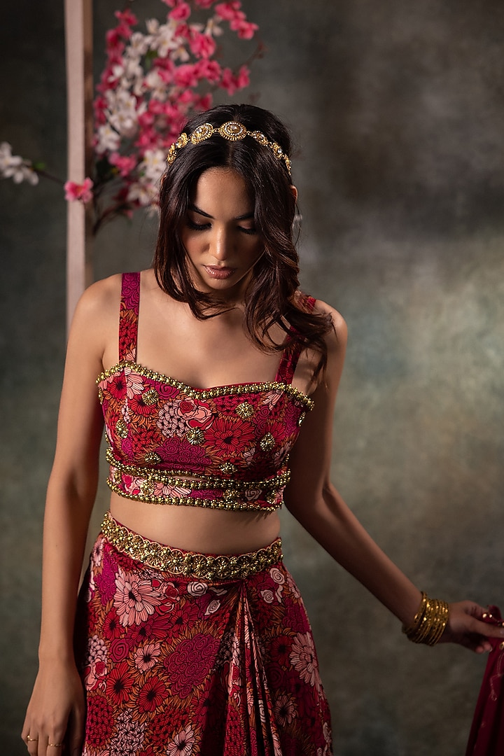 Pink Crepe Printed & Embroidered Draped Skirt Set by Mehak Murpana at Pernia's Pop Up Shop