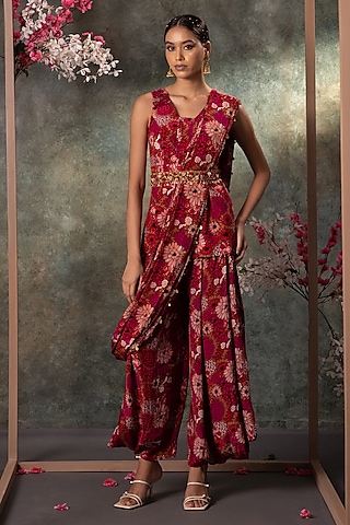 Pink Crepe Printed & Embroidered Dhoti Pant Set by Mehak Murpana