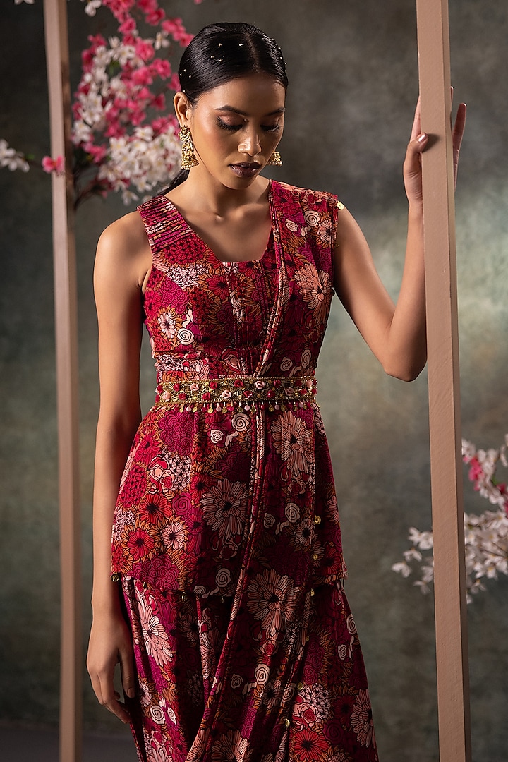 Pink Crepe Printed & Embroidered Dhoti Pant Set by Mehak Murpana at Pernia's Pop Up Shop