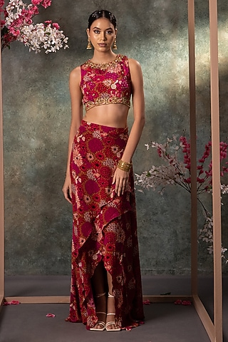Pink Crepe Floral Printed Layered Asymmetrical Skirt Set by Mehak Murpana