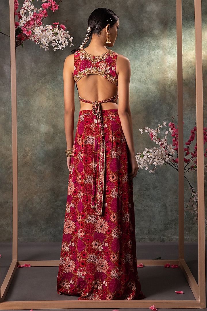 Pink Crepe Floral Printed Layered Asymmetrical Skirt Set by Mehak Murpana at Pernia's Pop Up Shop