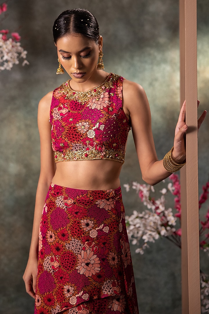 Pink Crepe Floral Printed Layered Asymmetrical Skirt Set by Mehak Murpana at Pernia's Pop Up Shop